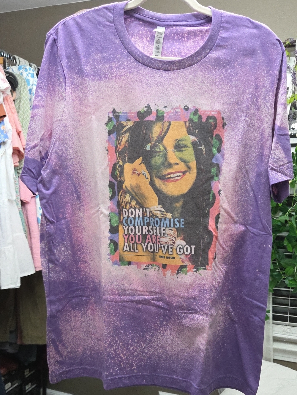 Purple Graphic Tee with Inspirational Janis Joplin Print